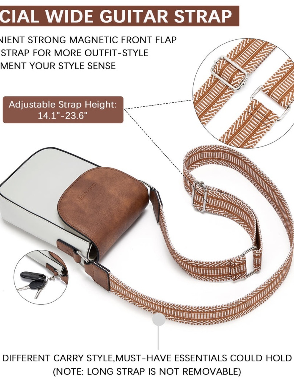 Bostanten Crossbody Front Magnetic Flap Handbag Brown/Cream Guitar Strap - Picture 5 of 13